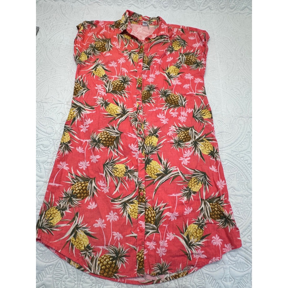 Old Navy Pink Pineapple Tropical Linen Blend Button Down Shirt Dress Medium